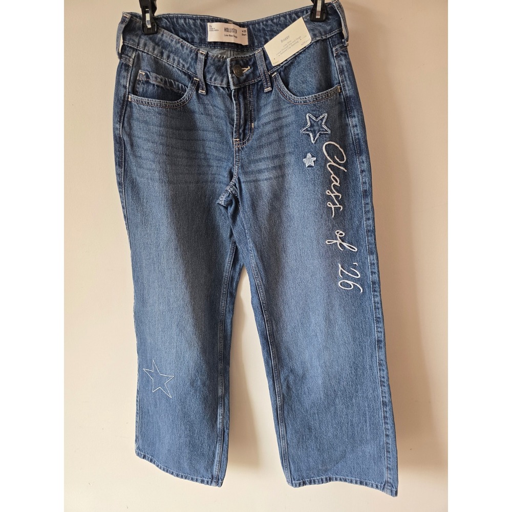 Hollister Low Rise Baggy Jeans Class of 26 Star Embroidered Blue 0S W25 NWT